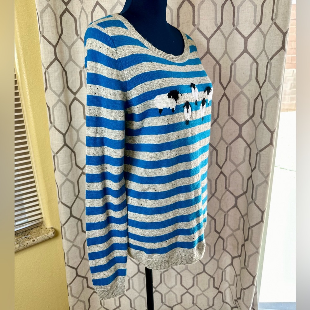 EUC Talbots Petite Grey & Blue Striped Sheep Intarsia Crew Neckline Sweater - Picture 7 of 13